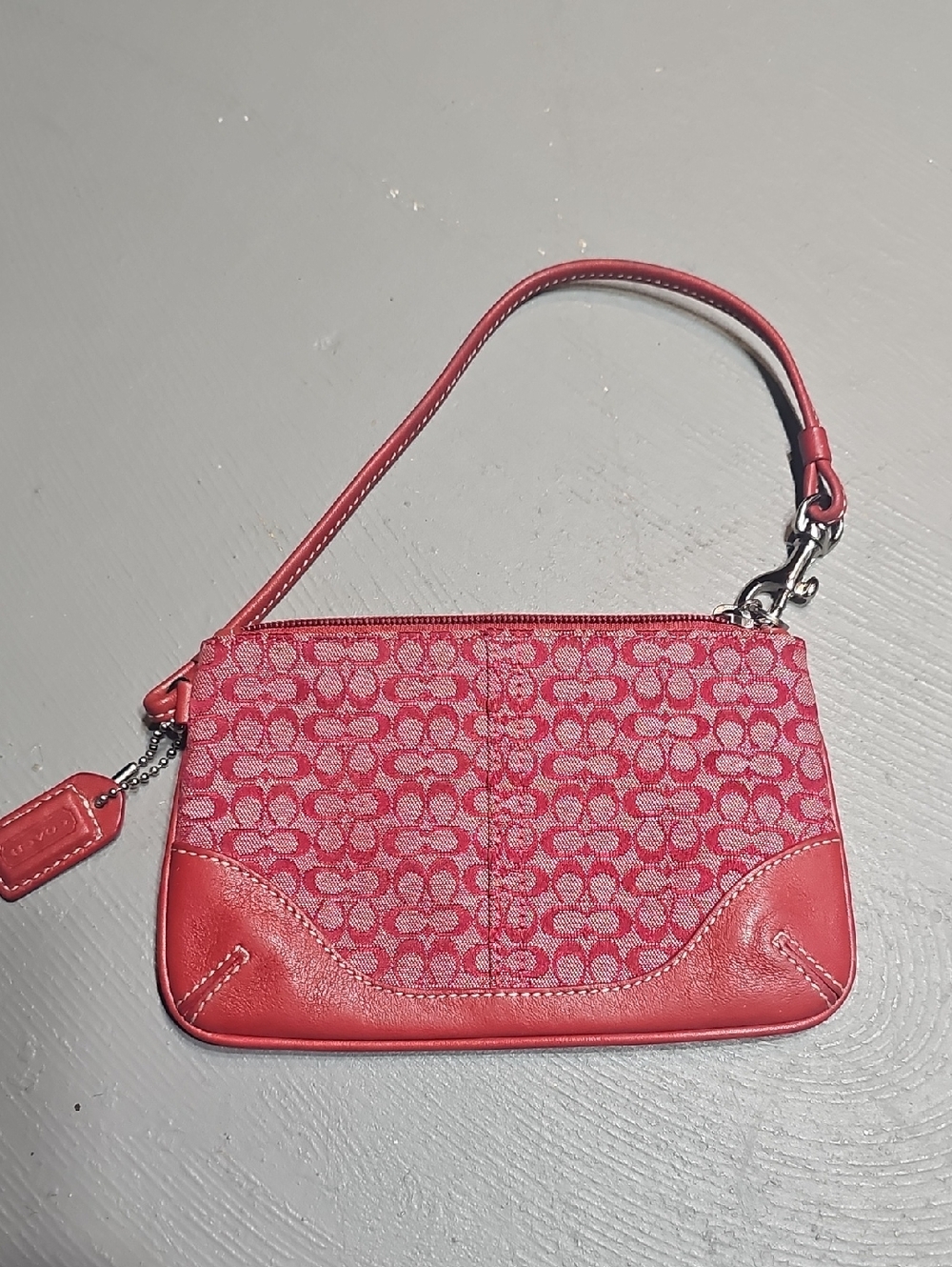 Coach Bags Red Signature Logo Leather & Canvas Wristlet Coin Purse